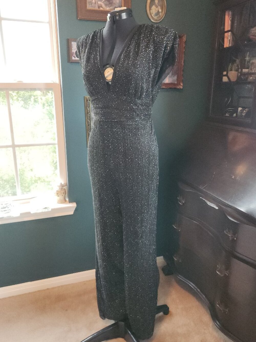 NWT Elan Romper Jumpsuit - Sleeveless - Dip Neck - Black w/Silver Shimmer Dots